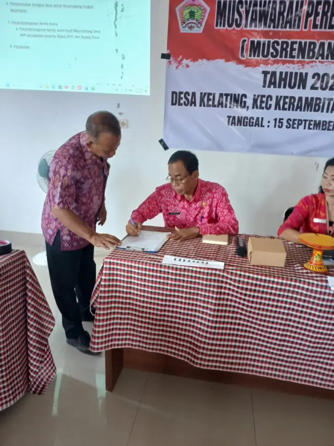 Penandatanganan musrenbangdes di desa kelating, selasa 15 september 2026